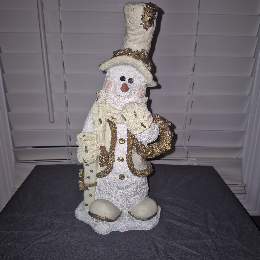 Vintage Style 12.5 inch Tall White & Gold Snowman Figurine with Wreath & Top Hat